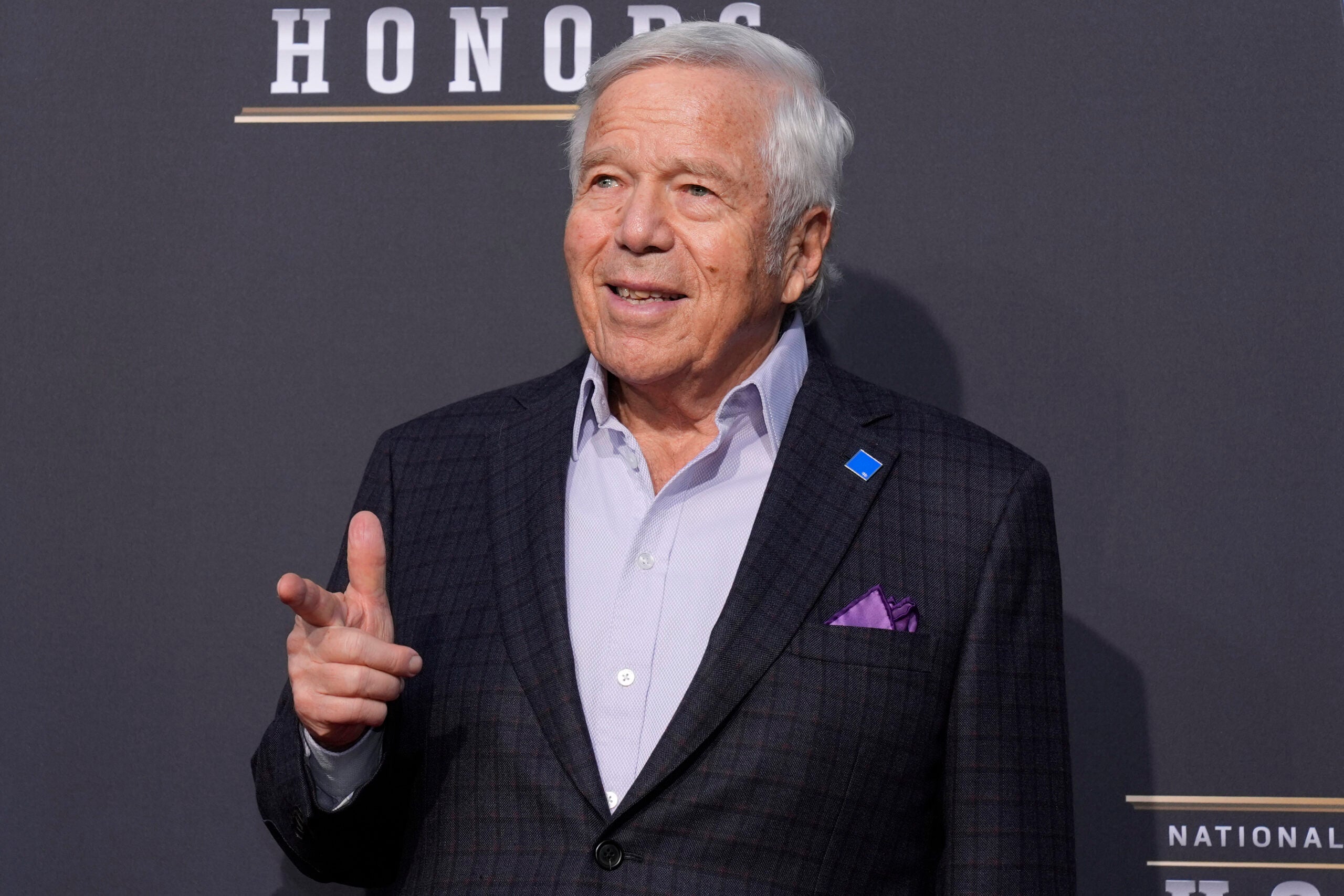 Robert Kraft, CEO of the New England Patriots, poses on the red carpet at the NFL Honors award show ahead of the Super Bowl 58 football game Thursday, Feb. 8, 2024, in Las Vegas. The San Francisco 49ers face the Kansas City Chiefs in Super Bowl 58 on Sunday.