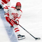 Boston U. forward Macklin Celebrini (71) on his way to his first goal against Boston College in the first period of the 2024 Men’s Beanpot semifinal at TD Garden.