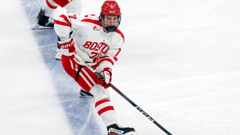 Boston U. forward Macklin Celebrini (71) on his way to his first goal against Boston College in the first period of the 2024 Men’s Beanpot semifinal at TD Garden.