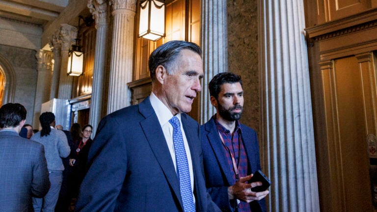 Sen. Mitt Romney (R-Utah) speaks to members of the media at the U.S. Capitol in Washington.