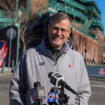 Boston MA 2/1/24 06redsox Boston Red Sox Sam Kennedy president and chief executive officer talks to the media during the Red Sox truck day where they load their epuiptment on a truck to transport it to Ft. Meyers FL to their spring traing facilities.