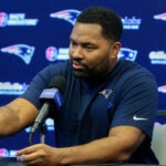 Patriots head coach Jerod Mayo at an afternoon press-conference at Gillette Stadium.