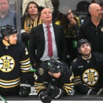 Boston 12/7/2023 Boston Bruins vs Buffalo Sabres- Bruins coach Jim Montgomery looks up at the scoreboard with seconds left in the 3rd period and the Bruins behind, 3-1.