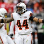 Cleveland Browns linebacker Sione Takitaki (44) reacts during the second half of an NFL football game against the San Francisco 49ers Sunday, Oct. 15, 2023, in Cleveland.