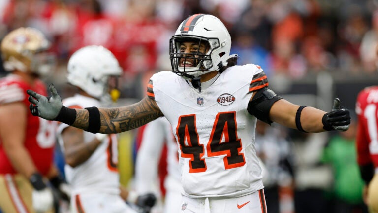 Cleveland Browns linebacker Sione Takitaki (44) reacts during the second half of an NFL football game against the San Francisco 49ers Sunday, Oct. 15, 2023, in Cleveland.