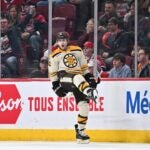 MONTREAL, CANADA - MARCH 14: Jake DeBrusk #74 of the Boston Bruins celebrates his overtime goal against the Montreal Canadiens at the Bell Centre on March 14, 2024 in Montreal, Quebec, Canada. The Boston Bruins defeated the Montreal Canadiens 2-1 in overtime.