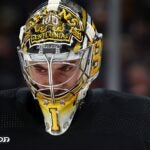 BOSTON, MASSACHUSETTS - FEBRUARY 29:Jeremy Swayman #1 of the Boston Bruins looks on during the second period against the Vegas Golden Knights at TD Garden on February 29, 2024 in Boston, Massachusetts.