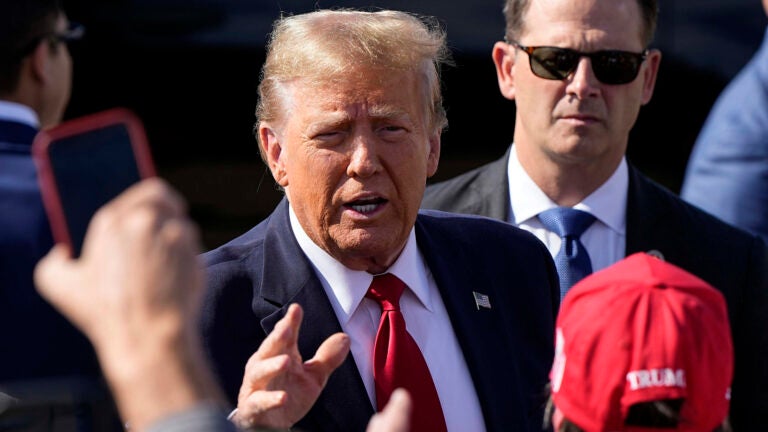 Republican presidential candidate former president Donald Trump speaks to supporters.