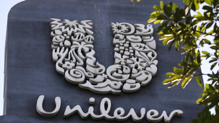 A Unilever logo is displayed outside the head office of PT Unilever Indonesia Tbk. in Tangerang, Indonesia.