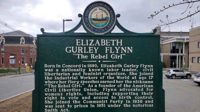 A historical marker dedicated to Elizabeth Gurley Flynn stands in Concord, N.H.