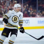 Boston Bruins' Brad Marchand plays during an NHL hockey game, Saturday, March 23, 2024, in Philadelphia.