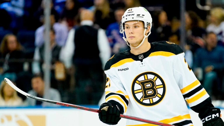 Boston Bruins right wing Fabian Lysell (21) skates during a preseason NHL hockey game against the New York Rangers, Wednesday, Oct. 5, 2022, in New York. The Bruins won 5-4.