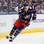 Columbus Blue Jackets' Andrew Peeke plays against the Philadelphia Flyers during an NHL hockey game Thursday, Oct. 12, 2023, in Columbus, Ohio.