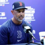 Santo Domingo, Dominican Republic - 3/9/24- Boston Red Sox manager Alex Cora speaks during a press conference at Estadio Quisqueya. The Red Sox and the Tampa Bay Rays are playing two exhibition games as a part of the MLB world tour in the Dominican Republic.