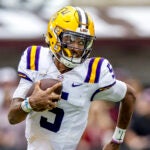 LSU quarterback Jayden Daniels (5) during the first half of an NCAA football game on Saturday, Sept. 16, 2023, in Starkville, Miss. Daniels is a finalists for the Heisman Trophy.