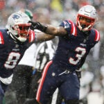 New England Patriots linebacker Mack Wilson Sr. (3) celebrates after sacking New York Jets quarterback Trevor Siemian (14) during the first half of an NFL football game, Sunday, Jan. 7, 2024, in Foxborough, Mass.