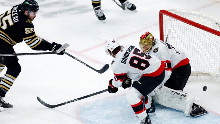 Bruins right wing Justin Brazeau scores in a March 19 game against Ottawa.