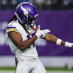Minnesota Vikings wide receiver K.J. Osborn (17) reacts after a play during the second half of an NFL football game against the Detroit Lions, Sunday, Dec. 24, 2023 in Minneapolis.