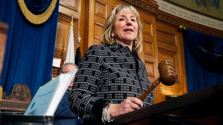FILE - Massachusetts Senate President Karen Spilka speaks at the Statehouse in Boston on Jan. 3, 2019.