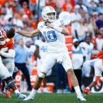 CLEMSON, SOUTH CAROLINA - NOVEMBER 18: Drake Maye #10 of the North Carolina Tar Heels passes the ball during the second quarter against the Clemson Tigers at Memorial Stadium on November 18, 2023 in Clemson, South Carolina.
