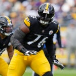 Pittsburgh Steelers offensive tackle Chukwuma Okorafor (76) blocks during an NFL football game against the Baltimore Ravens in Pittsburgh, Sunday, Oct. 8, 2023.
