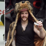 David Pastrnak took a photo with his new bear pelt after scoring a hat trick on Tuesday against Ottawa.