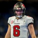 DETROIT, MICHIGAN - JANUARY 21: Baker Mayfield #6 of the Tampa Bay Buccaneers looks on against the Detroit Lions at Ford Field on January 21, 2024 in Detroit, Michigan.