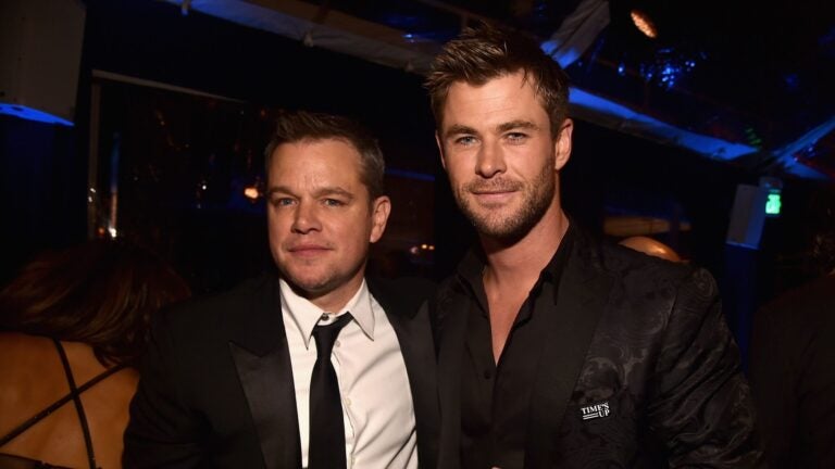 Matt Damon and Chris Hemsworth attend Amazon Studios' Golden Globes Celebration at The Beverly Hilton Hotel on January 7, 2018 in Beverly Hills, California.