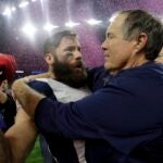 New England Patriots head coach Bill Belichick congratulates Julian Edelman after defeating the Atlanta Falcons in overtime at the NFL Super Bowl 51 football game Sunday, Feb. 5, 2017, in Houston. The Patriots defeated the Falcons 34-28.