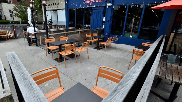 The patio seating area of Ivory Pearl, a restaurant in Brookline.