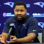 Foxborough, MA - 2/21/2024 New England Patriots head coach Jerod Mayo (cq) at an afternoon press-conference at Gillete Stadium .