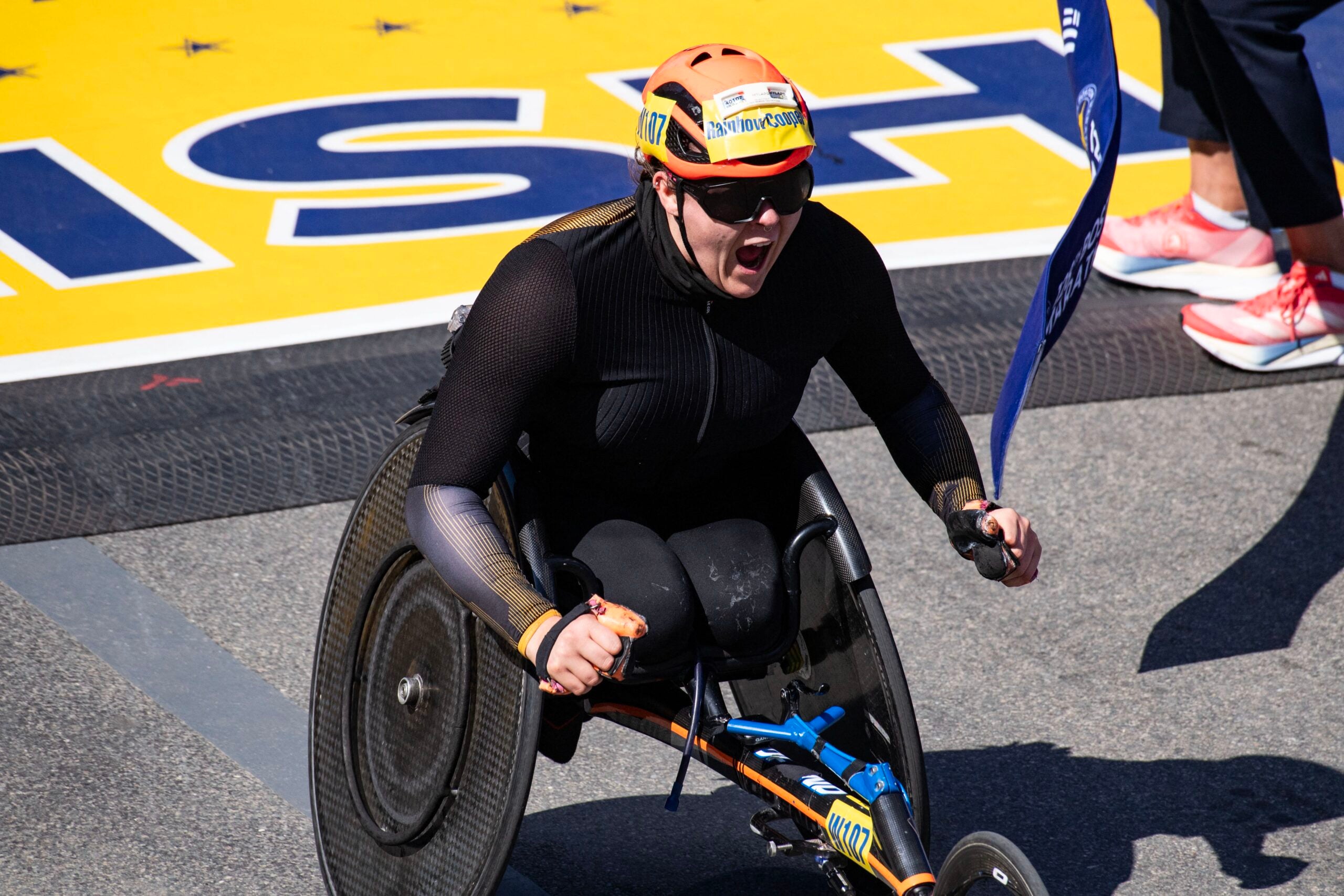 English athlete Eden Rainbow Cooper takes first place in the women's wheelchair professional field in the 128th Boston Marathon on April 15, 2024, in Boston, Massachusetts.