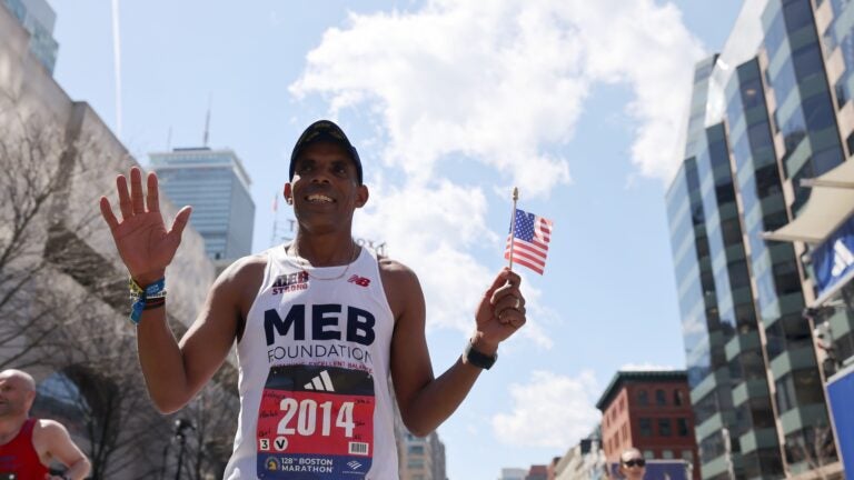 2014 Boston Marathon Champion Meb Keflezighi of the United States poses during the 128th Boston Marathon on April 15, 2024 in Boston, Massachusetts.