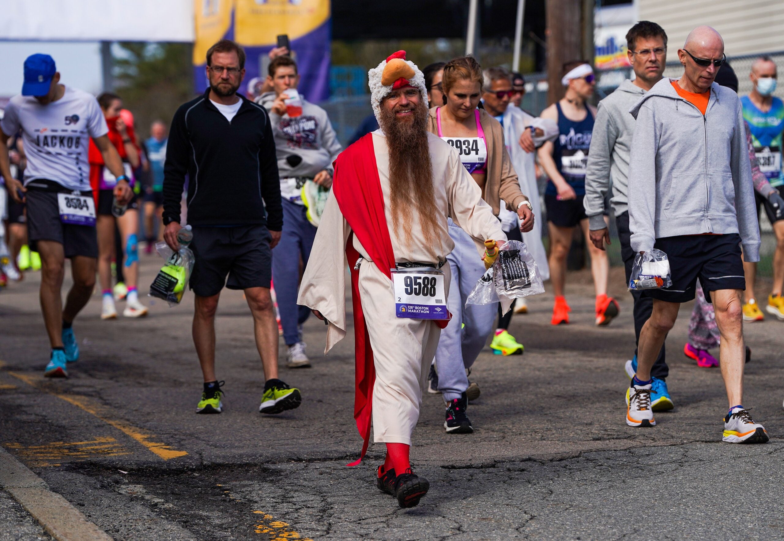 Runners garb took on many variations. Athletes Village Boston Marathon on Monday, April 15, 2024.