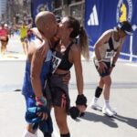 Sebastian Cantoni and Romina Cornejo shared a kiss after crossing the finish line of the Boston Marathon on Monday, April 15, 2024.