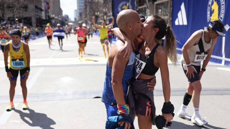 Sebastian Cantoni and Romina Cornejo shared a kiss after crossing the finish line of the Boston Marathon on Monday, April 15, 2024.