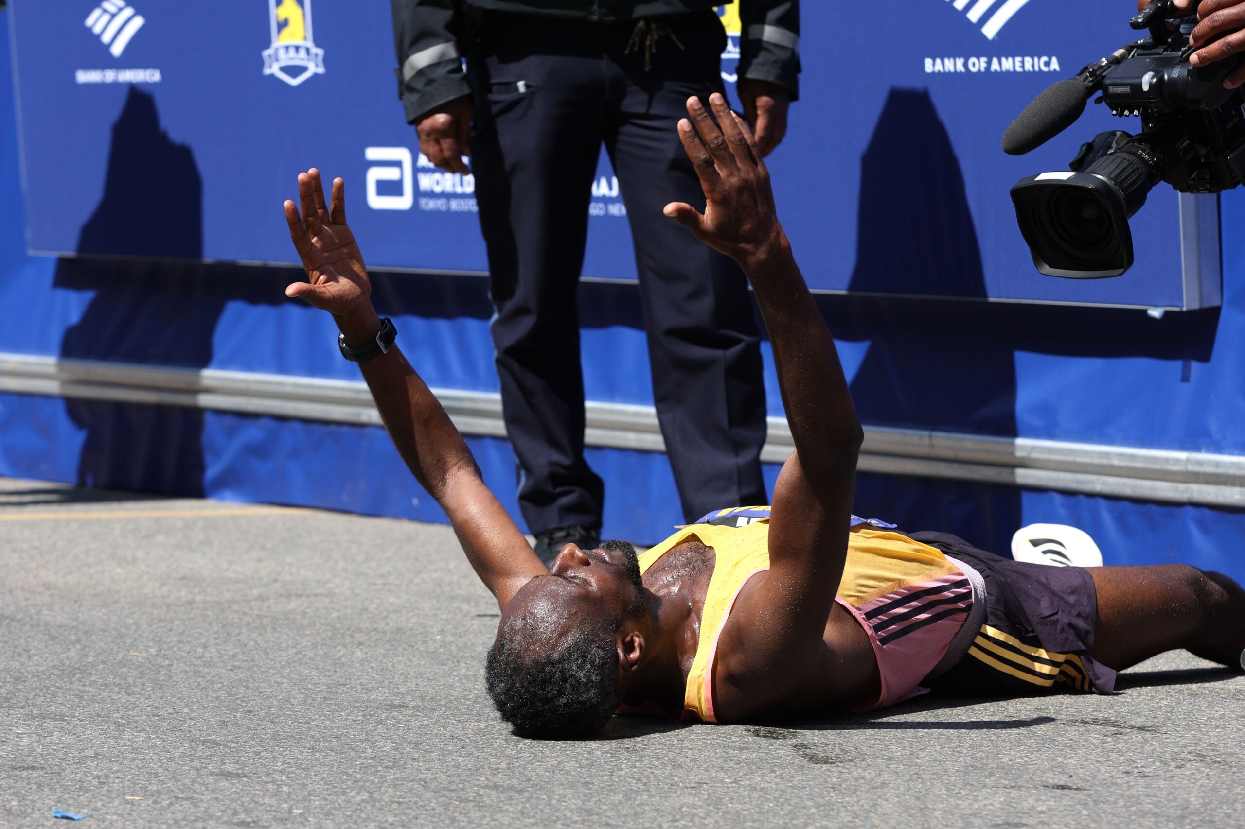 Sisay Lemma of Ethiopia celebrates after winning the Professional Men's Division at the 128th Boston Marathon on April 15, 2024 in Boston, Massachusetts.