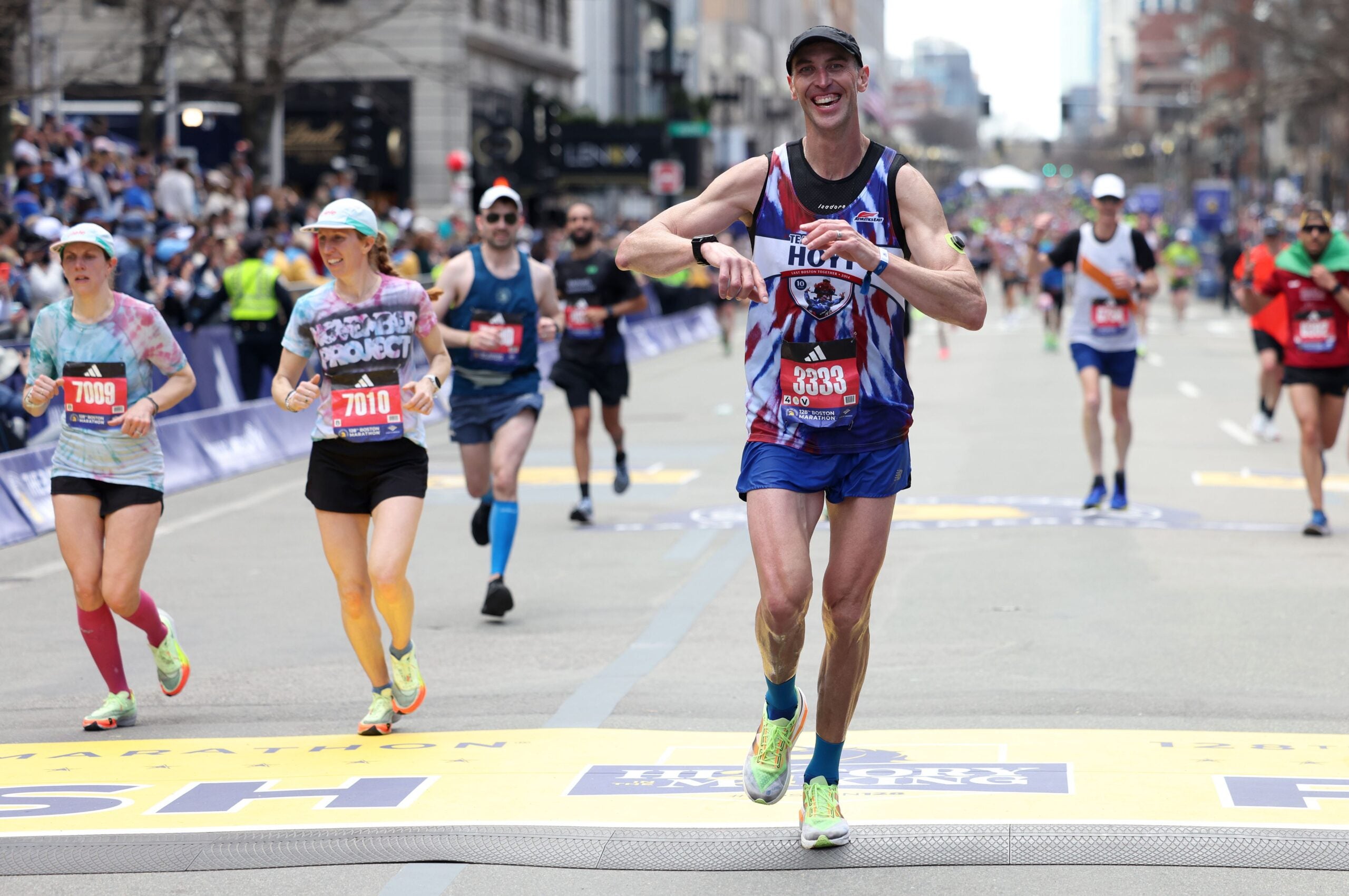 Zdeno Chara crosses the finish line during the Boston Marathon on Monday, April 15, 2024.