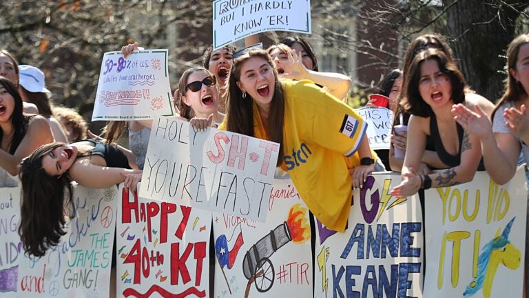 Wellesley College students cheer on the runners at the Boston Marathon on Monday, April 15, 2024.