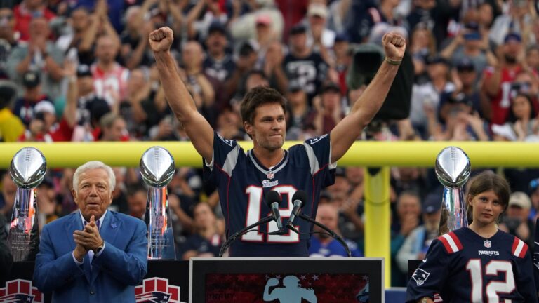 Foxborough, MA - 9/10/2023 - Tom Brady acknowledges the crowd during a halftime ceremony to honor Brady. The New England Patriots hosted the Philadelphia Eagles in their NFL season opening game on Sept. 10 at Gillette Stadium in Foxborough.