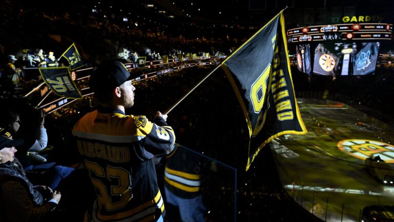 BOSTON, MASSACHUSETTS - APRIL 20: A Boston Bruins fan waves a flag before a game between the Toronto Maple Leafs and the Boston Bruins in Game One of the First Round of the 2024 Stanley Cup Playoffs at TD Garden on April 20, 2024 in Boston, Massachusetts.