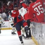 Nic Dowd of the Washington Capitals celebrates after scoring a goal against the Bruins during the third period.