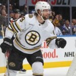TORONTO, CANADA - MARCH 04: Pavel Zacha #18 of the Boston Bruins celebrates a goal against the Toronto Maple Leafs during an NHL game at Scotiabank Arena on March 4, 2024 in Toronto, Ontario, Canada. The Bruins defeated the Maple Leafs 4-1.