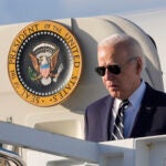 President Joe Biden boarding Air Force One at Andrews Air Force Base, Md., Friday, April 12, 2024, en route to New Castle, Del.