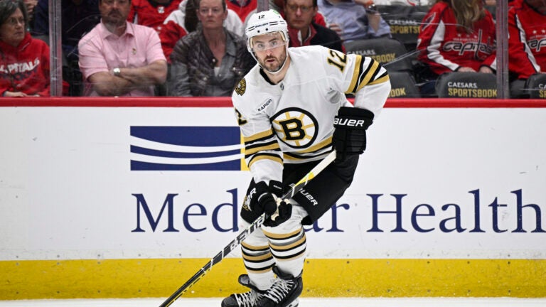 Boston Bruins defenseman Kevin Shattenkirk (12) in action during the first period of an NHL hockey game against the Washington Capitals, Monday, April 15, 2024, in Washington.