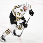 Boston Bruins right wing Justin Brazeau (55) in action during the third period of an NHL hockey game against the Washington Capitals, Saturday, March 30 2024, in Washington. The Bruins won 3-2 in a shootout.
