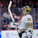Boston Bruins' Linus Ullmark plays during an NHL hockey game, Saturday, March 23, 2024, in Philadelphia.