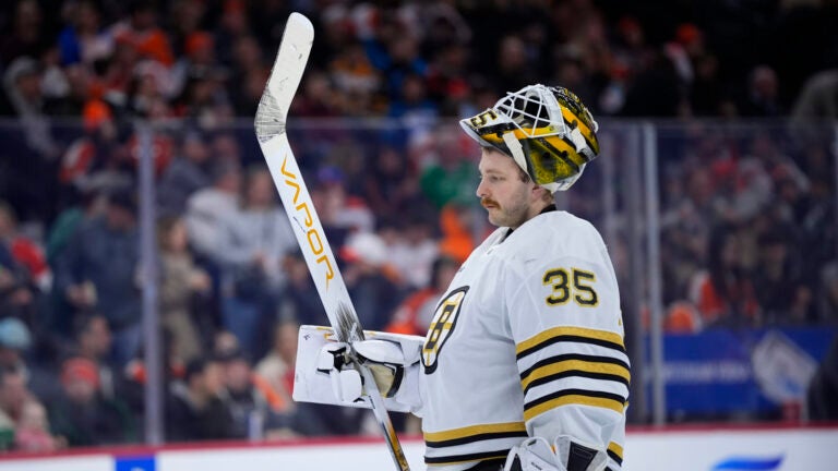 Boston Bruins' Linus Ullmark plays during an NHL hockey game, Saturday, March 23, 2024, in Philadelphia.