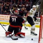 Boston Bruins' Danton Heinen (43) celebrates after his goal near Carolina Hurricanes goaltender Frederik Andersen (31), Brett Pesce (22) and Jake Guentzel (59) during the first period of an NHL hockey game in Raleigh, N.C., Thursday, April 4, 2024.