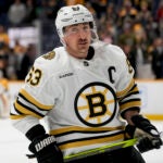 Boston Bruins left wing Brad Marchand (63) warms up for the team's NHL hockey game against the Nashville Predators, Tuesday, April 2, 2024, in Nashville, Tenn.